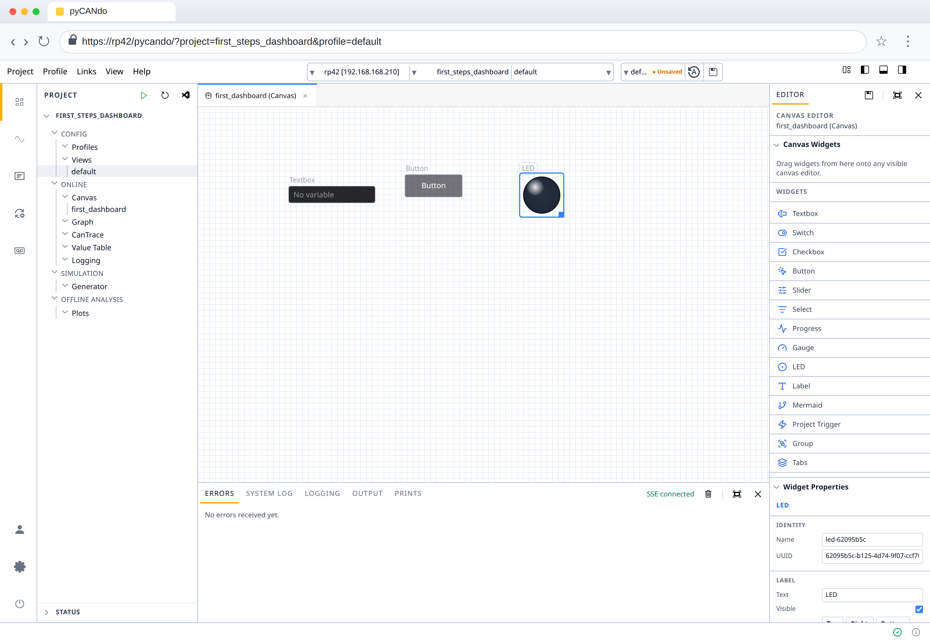 The Canvas editor containing a Textbox, Button and LED