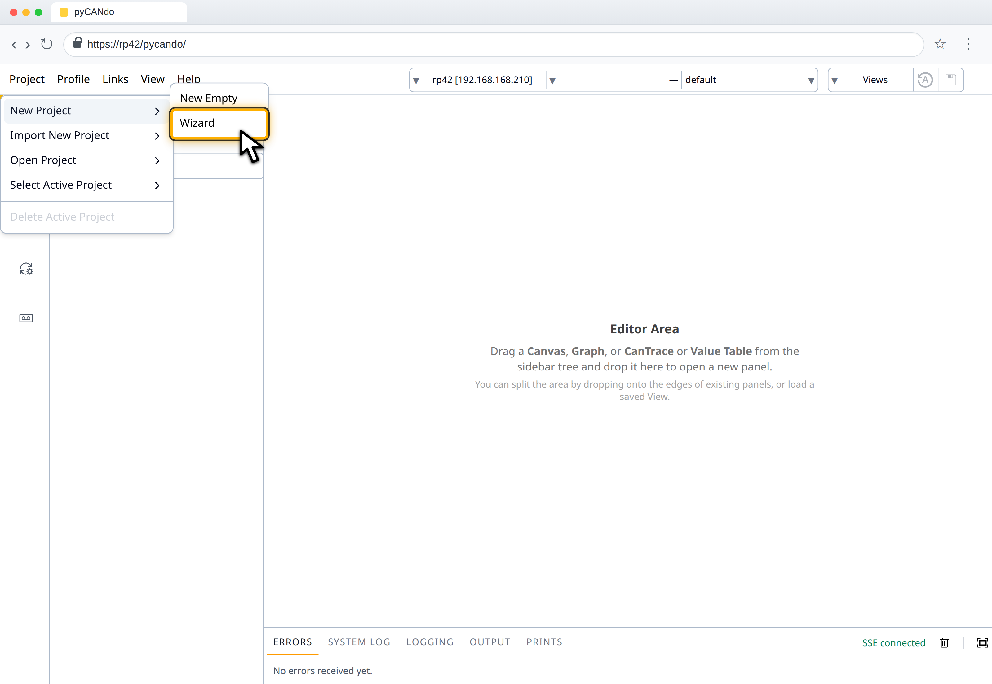 The Wizard option highlighted under New Project