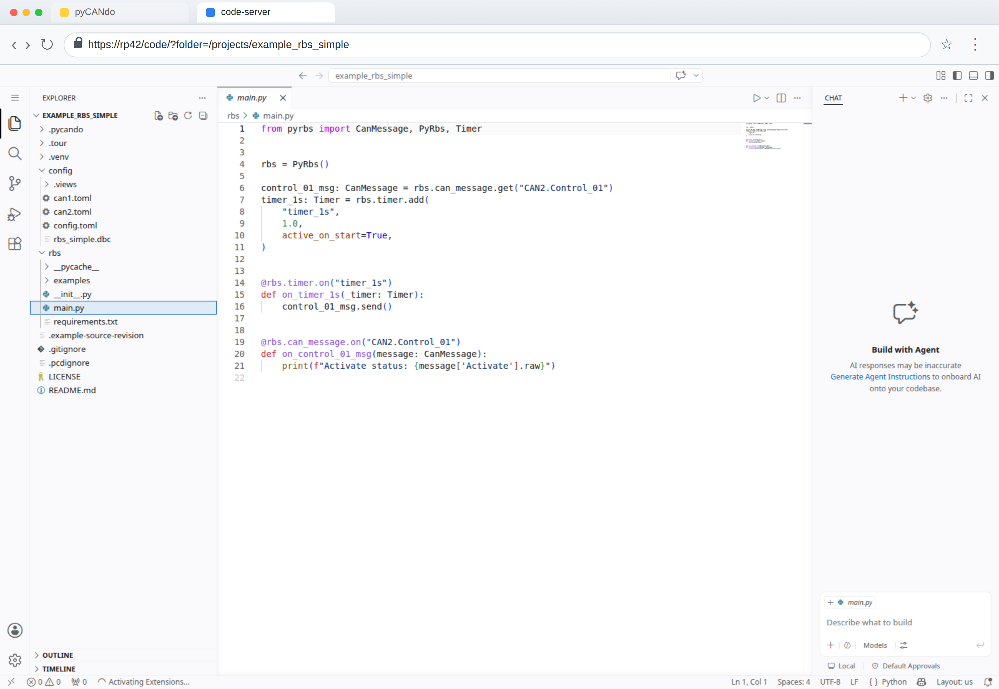 code-server showing the one-second Control_01 sender in rbs/main.py