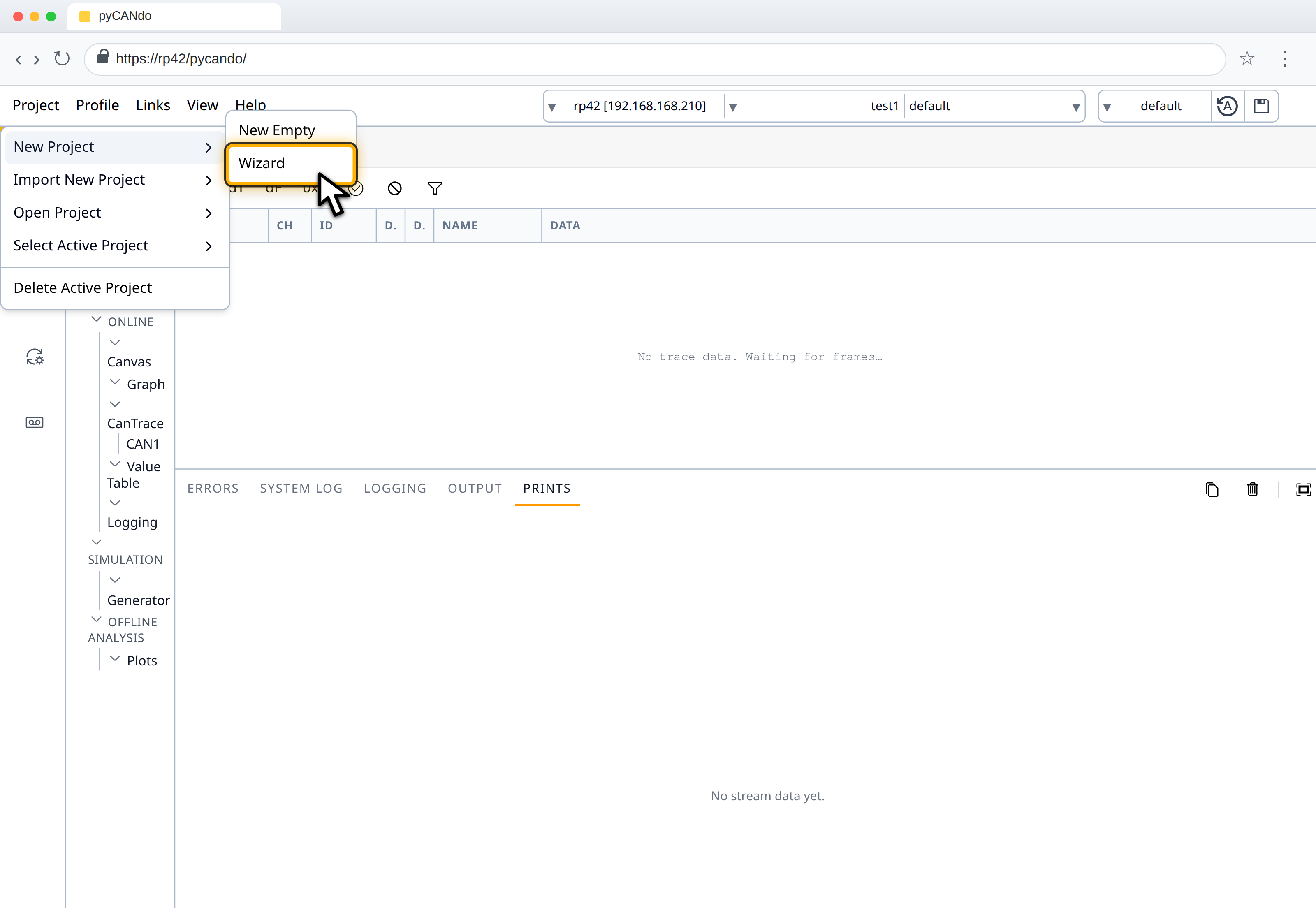 Browser showing the pyCANdo project wizard menu
