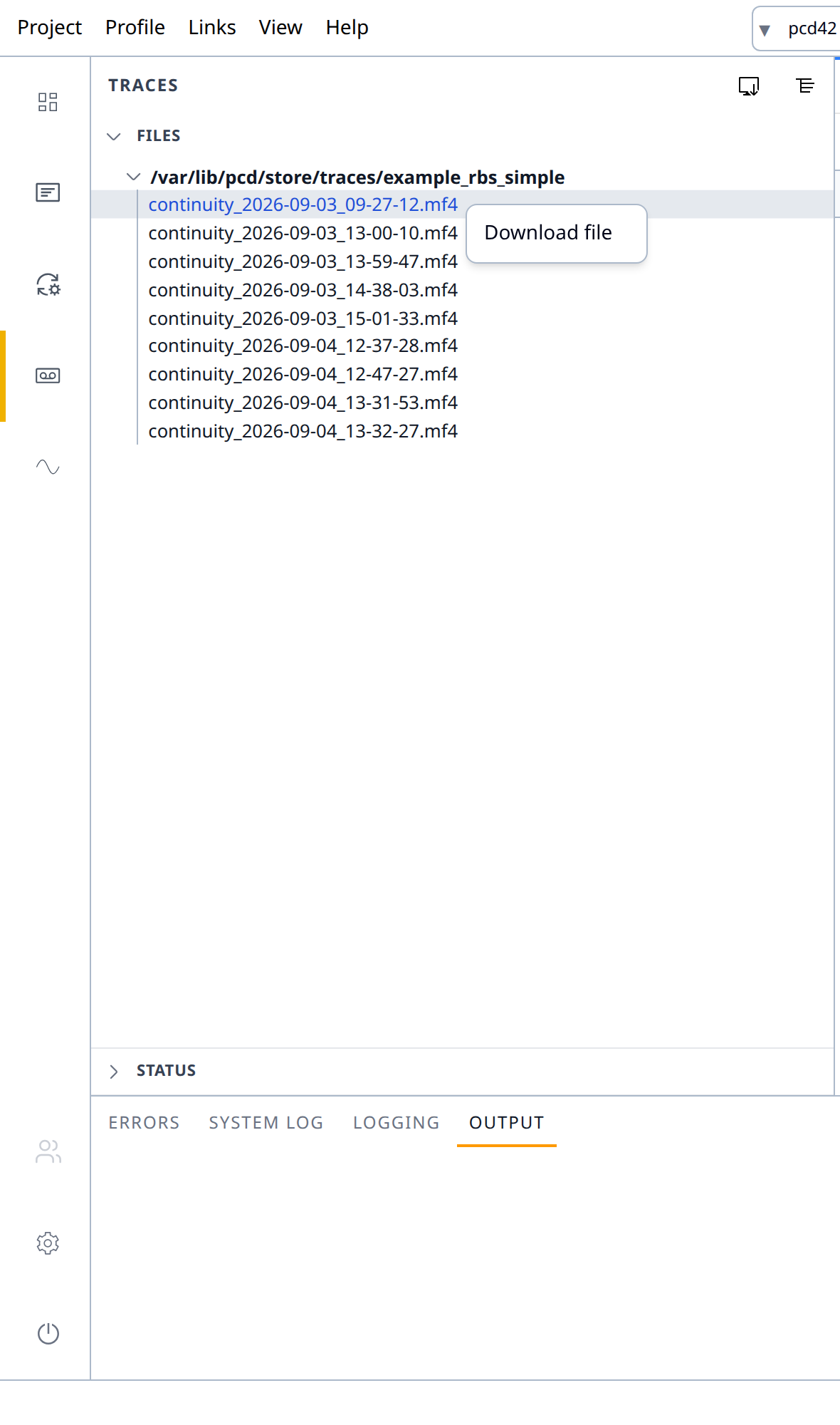 pyCANdo Traces panel with a trace file context menu showing the download action